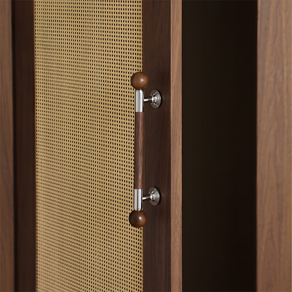 Round wood cabinet pull in silver with 128 mm centers, shown on paneled cabinet fronts in an interior setting