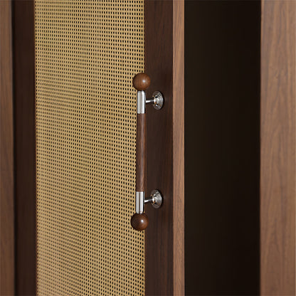 Round wood cabinet pull in silver with 128 mm centers, shown on paneled cabinet fronts in an interior setting