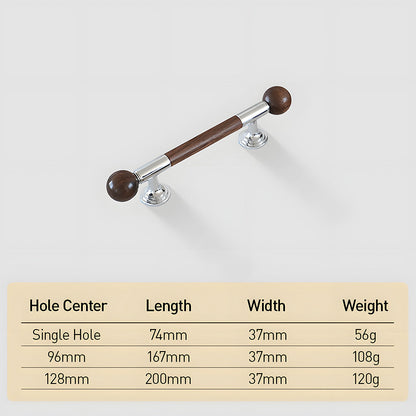 Round wood bar cabinet pull with brass mounts, dimension diagram showing its overall size and hole spacing