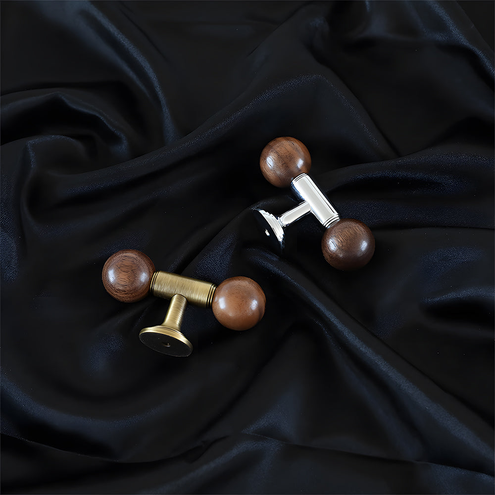 Round wood bar cabinet pull with brass mounts, shown in a styled group with multiple available versions