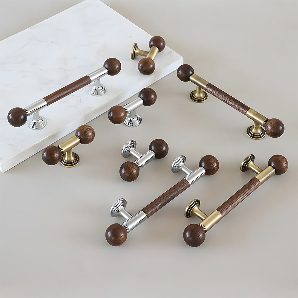 Round wood bar cabinet pull with brass mounts, arranged together from an overhead angle for comparison