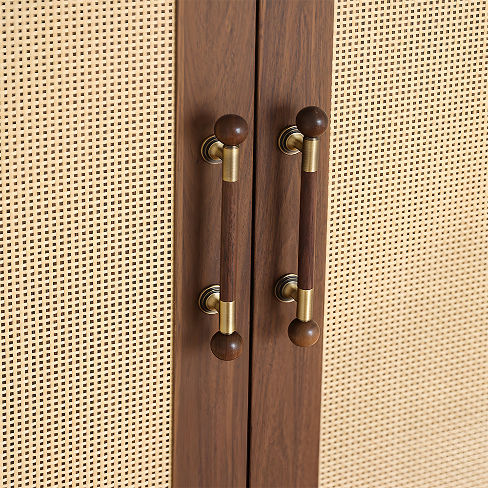 Round wood cabinet pull in gold with 96 mm centers, shown on cabinet fronts in a bright room setting
