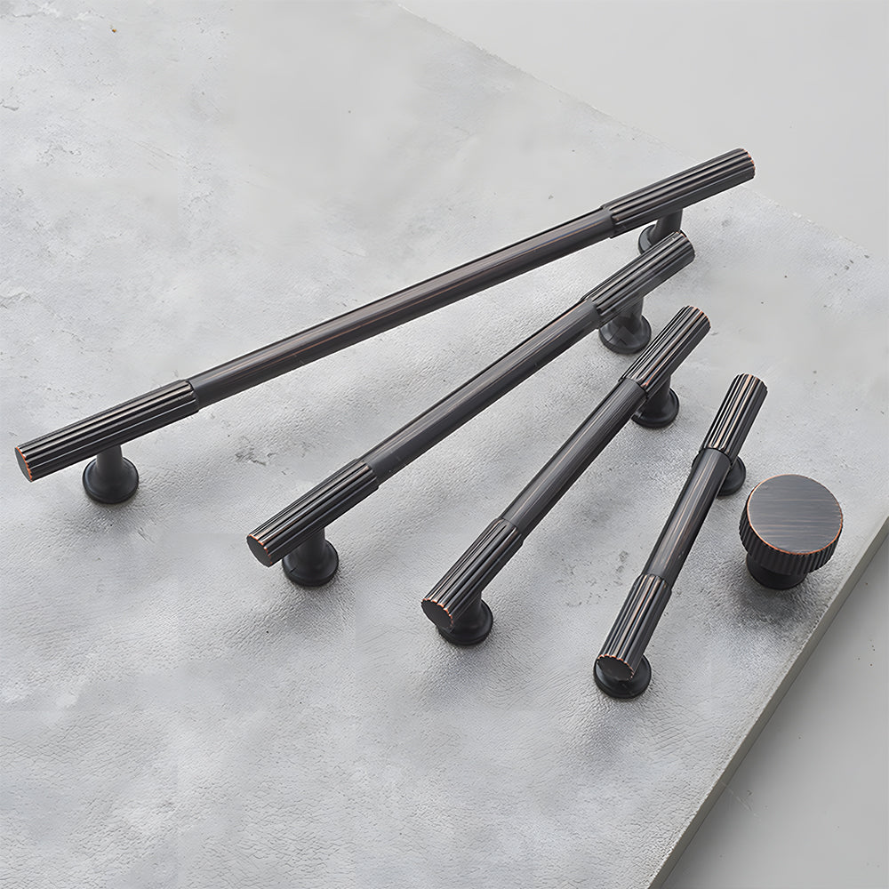 Fluted bar cabinet pull and round knob, presented for reference as a color and finish lineup