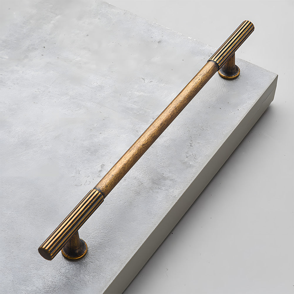 Antique bronze fluted bar cabinet pull and round knob, pictured in one view on a clean neutral background