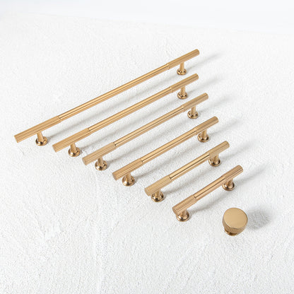 Fluted bar cabinet pull and round knob, displayed from the side as a color and finish lineup