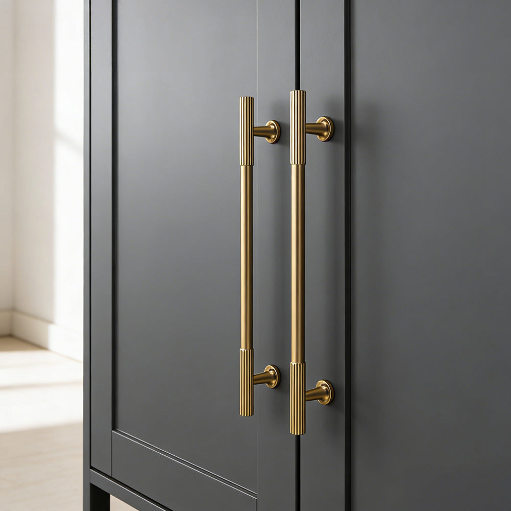 Fluted bar cabinet pull and round knob, presented in another view in an installed cabinet close-up
