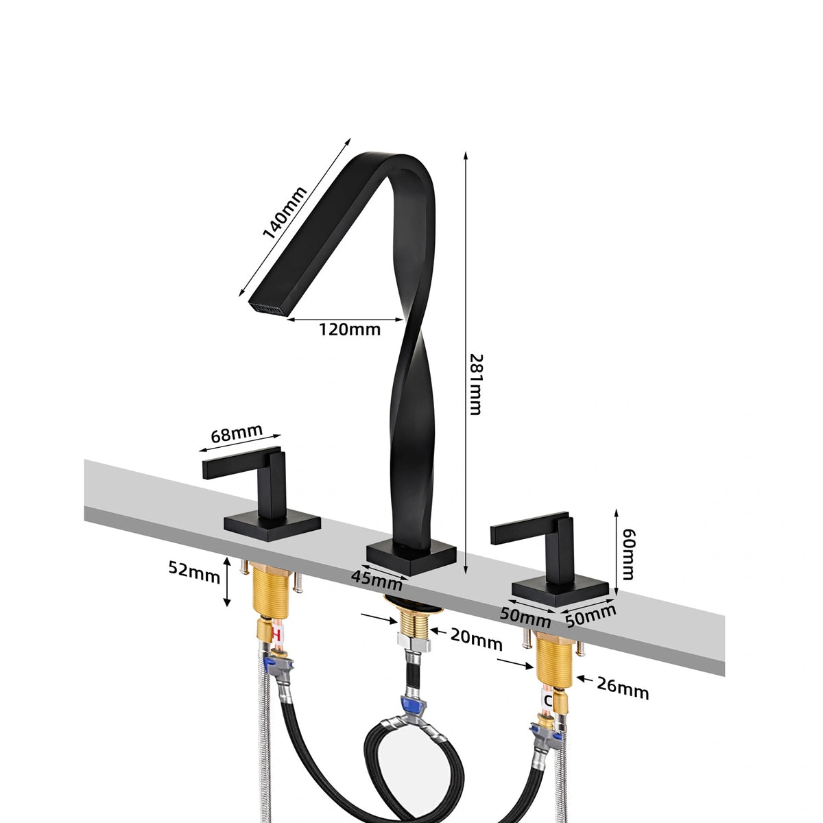Elara Modern Twisted Two-Handle 3-Hole Widespread Bathroom Sink Faucet - Dimensions