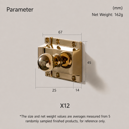 A dimension diagram of a polished brass door knob and latch set, showing measurements of 67mm width, 45mm height, 25mm lower dimension, and 14mm right dimension, with a net weight of 162g on a light gray background.