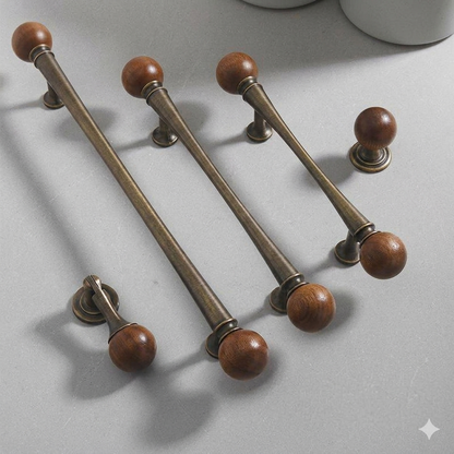 Mid-Century Walnut and Antique Bronze Cabinet Pulls and Knobs