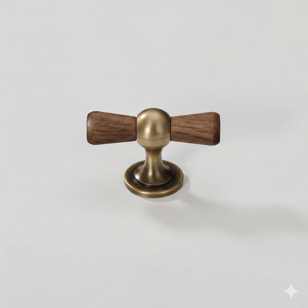 Walnut and Antique Brass Cabinet Pulls with Knob Options