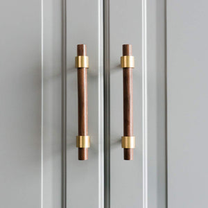 Walnut and Beech Wood Cabinet Pulls with Brass Bases