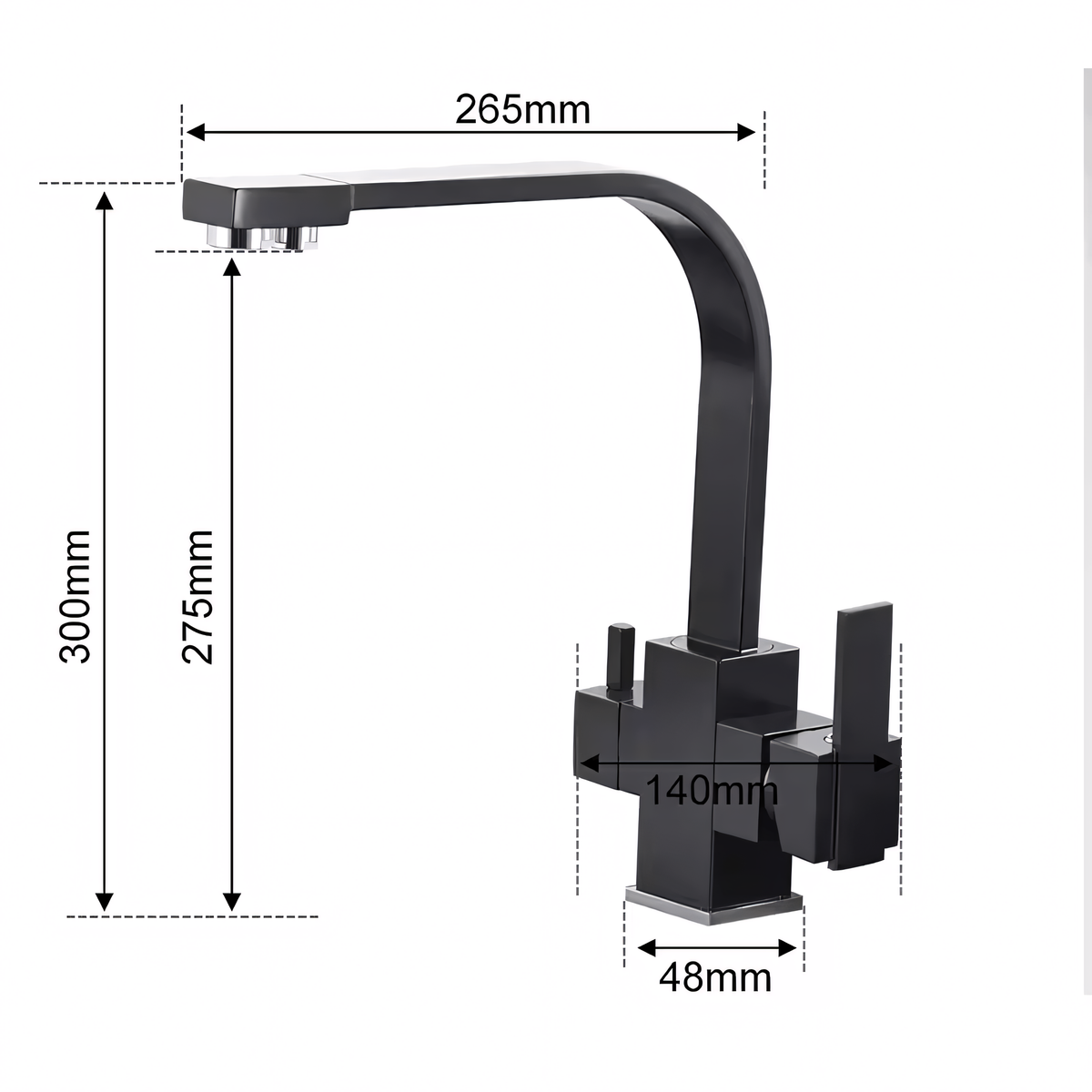 Livia Three-Way Kitchen Faucet with Filter Tap Reverse Osmosis Compatible - Dimensions