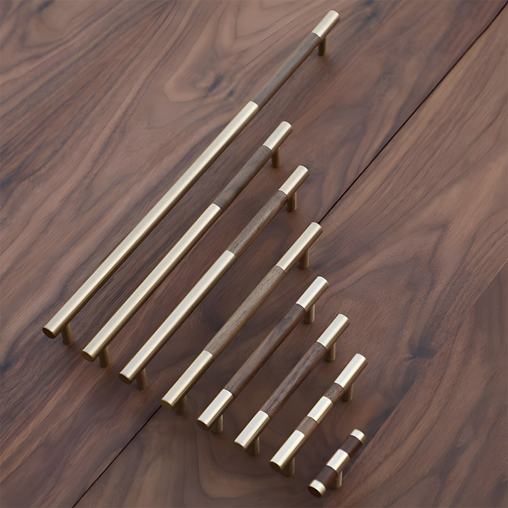 Mid-Century Modern Walnut Wood and Brass Cabinet Pulls