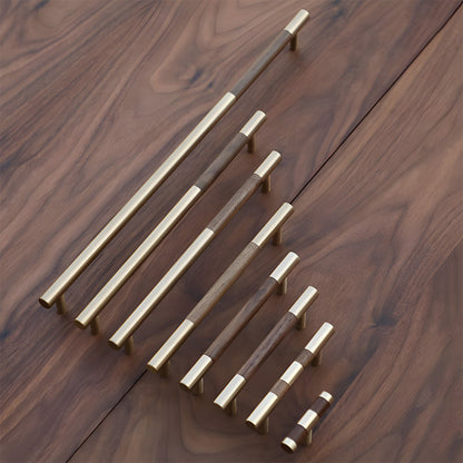 Mid-Century Modern Walnut Wood and Brass Cabinet Pulls