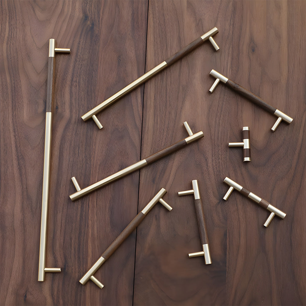Mid-Century Modern Walnut Wood and Brass Cabinet Pulls