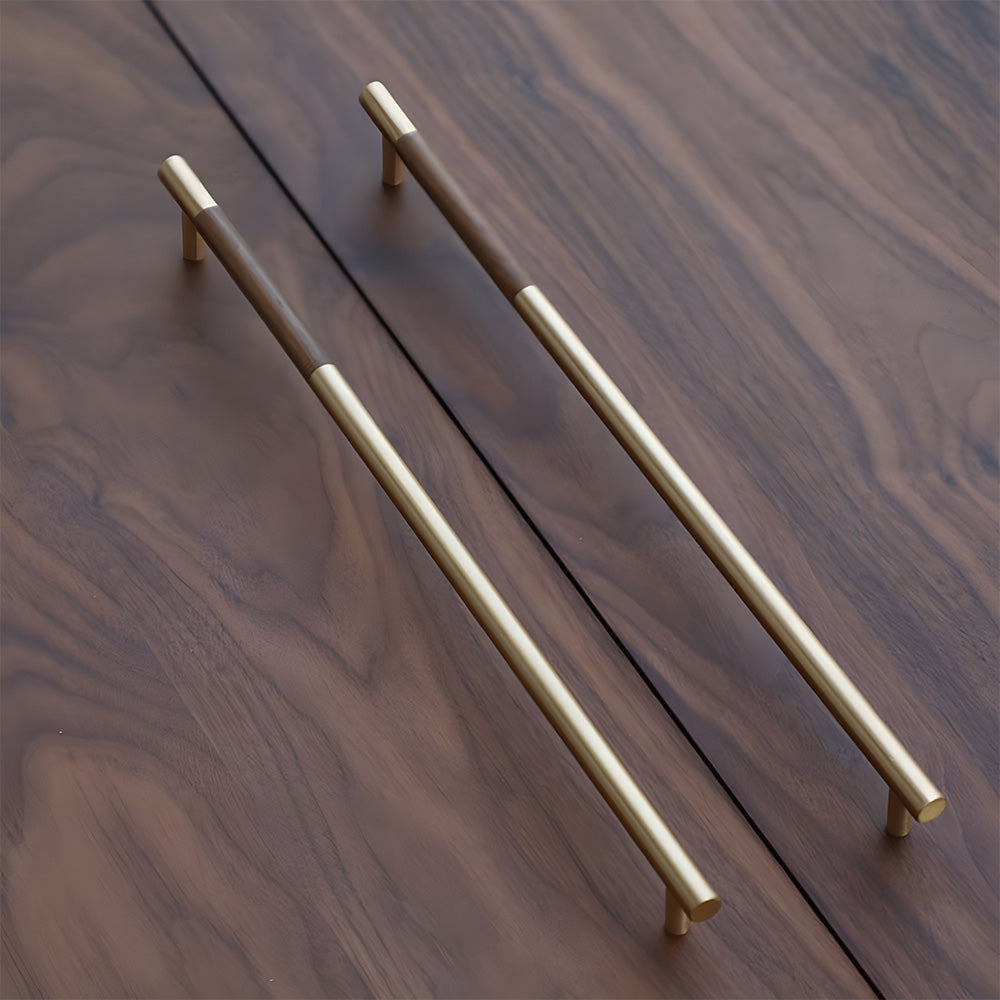 Mid-Century Modern Walnut Wood and Brass Cabinet Pulls