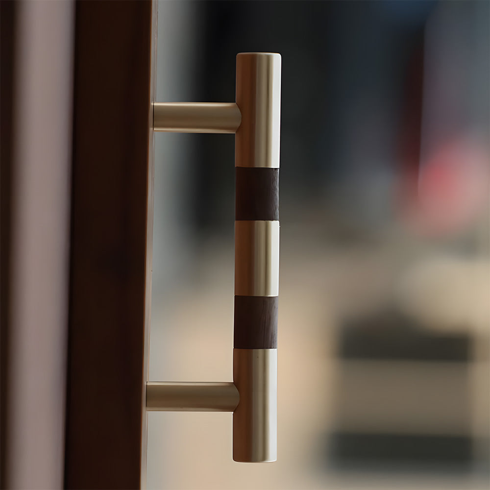 Mid-Century Modern Walnut Wood and Brass Cabinet Pulls