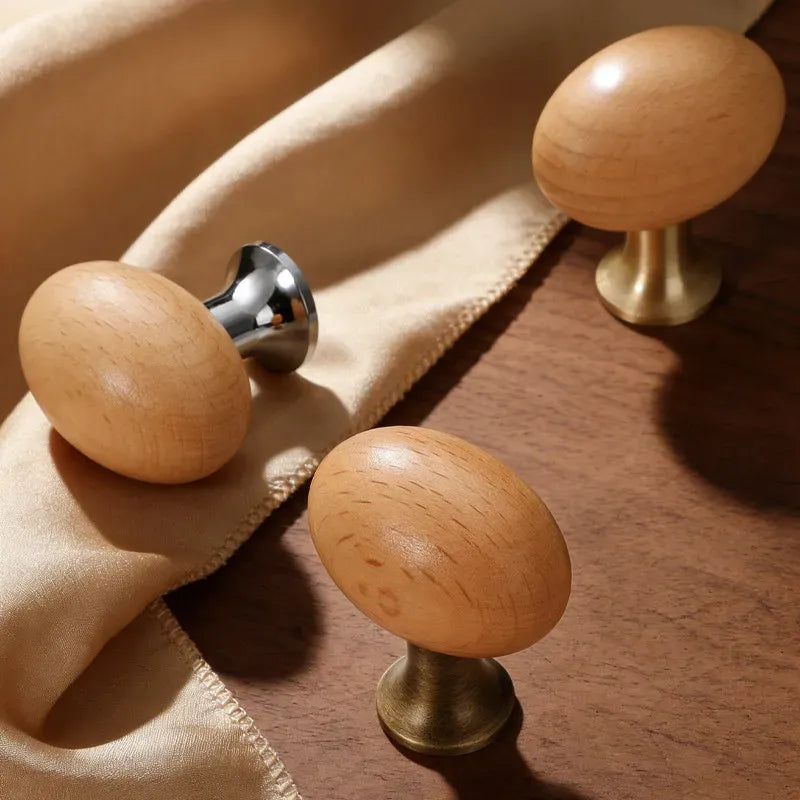 Mid-Century Modern Oval Wood Cabinet Knob with Brass Base