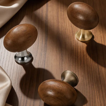 Mid-Century Modern Oval Wood Cabinet Knob with Brass Base