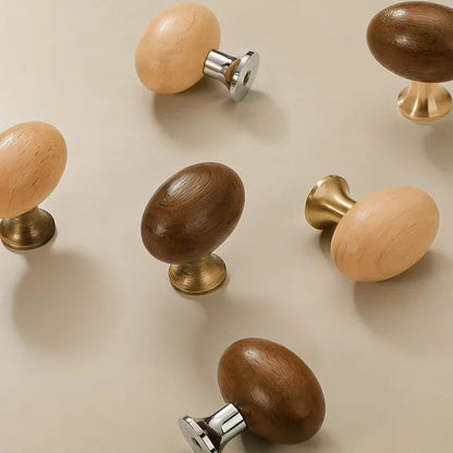 Mid-Century Modern Oval Wood Cabinet Knob with Brass Base