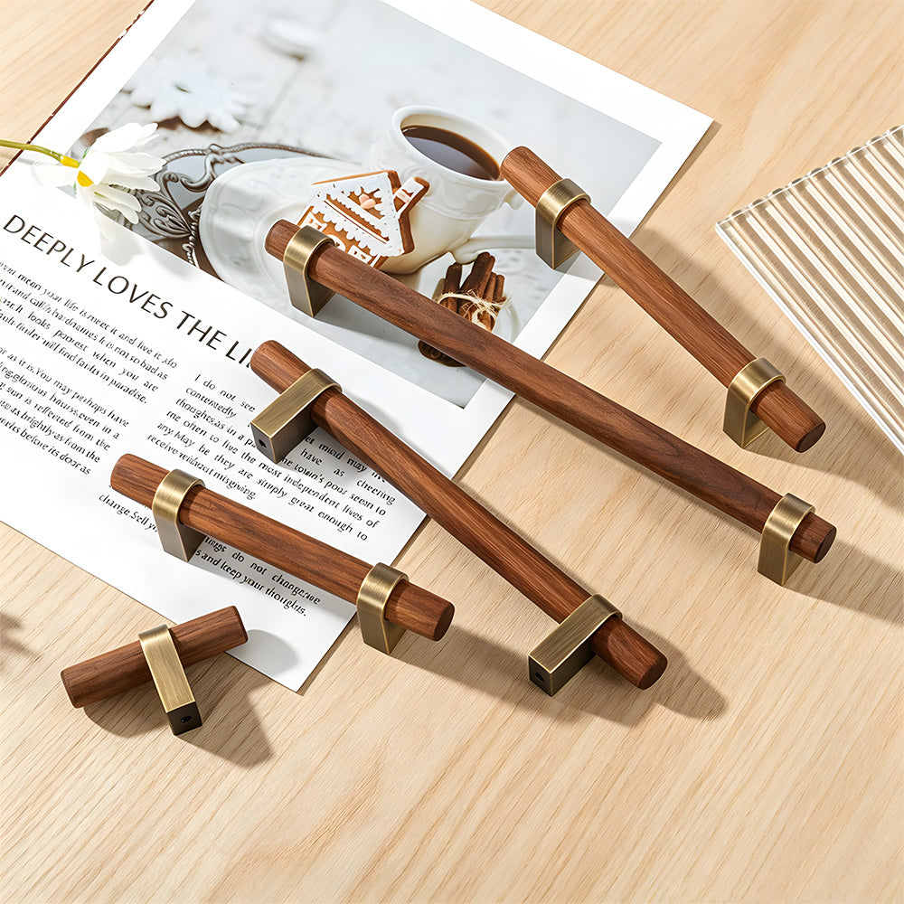 Mid-Century Wood and Brass T-Bar Cabinet Pulls and Knobs