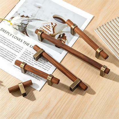 Mid-Century Wood and Brass T-Bar Cabinet Pulls and Knobs