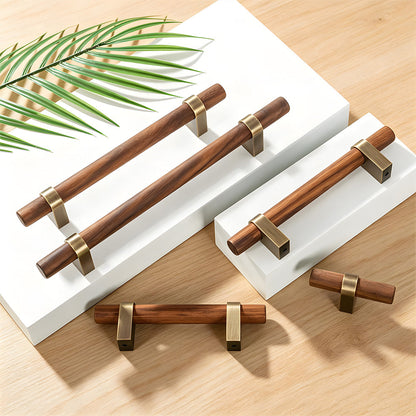 Mid-Century Wood and Brass T-Bar Cabinet Pulls and Knobs