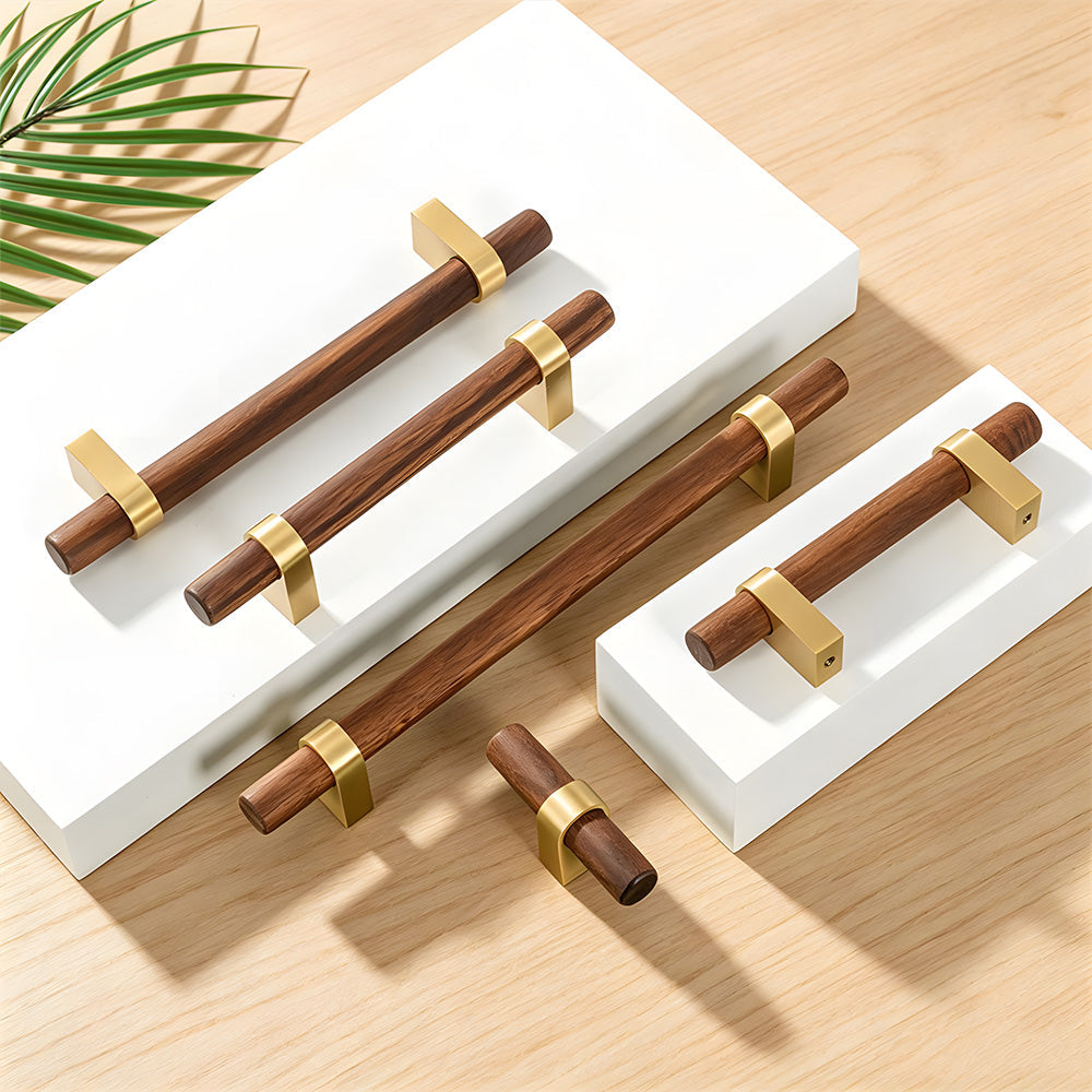 Mid-Century Wood and Brass T-Bar Cabinet Pulls and Knobs
