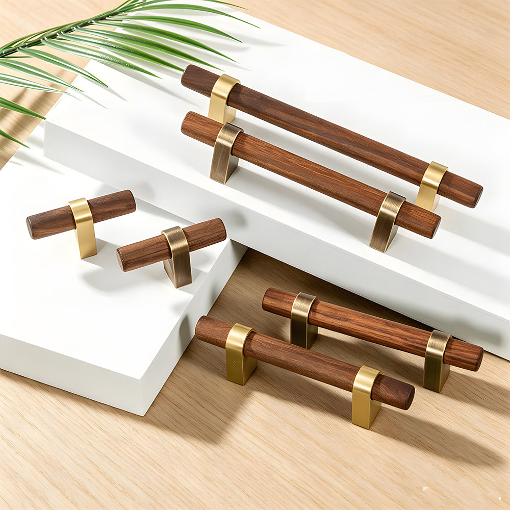 Mid-Century Wood and Brass T-Bar Cabinet Pulls and Knobs