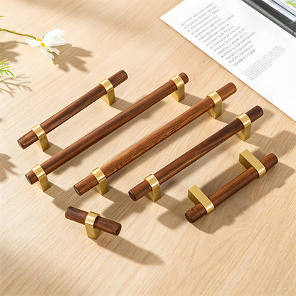 Mid-Century Wood and Brass T-Bar Cabinet Pulls and Knobs