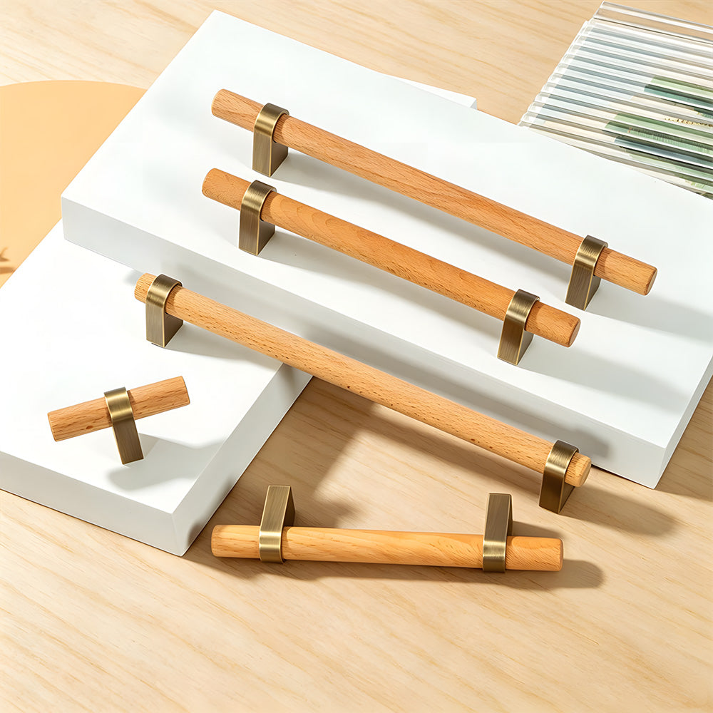 Mid-Century Wood and Brass T-Bar Cabinet Pulls and Knobs
