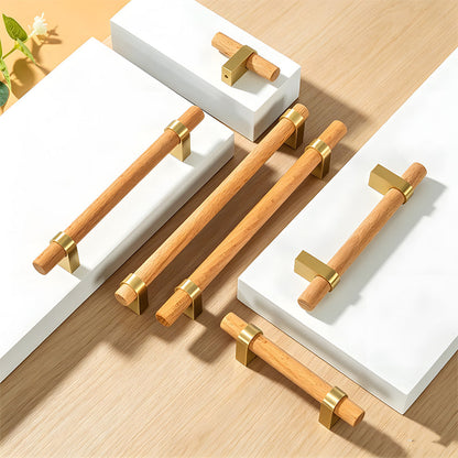 Mid-Century Wood and Brass T-Bar Cabinet Pulls and Knobs