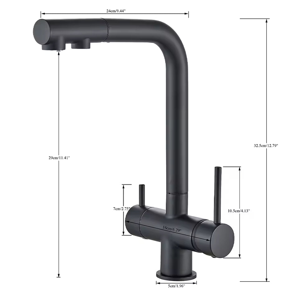 Mira Pro Three-Way Pull-Out Kitchen Faucet with Filter Tap Reverse Osmosis Compatible - Dimensions