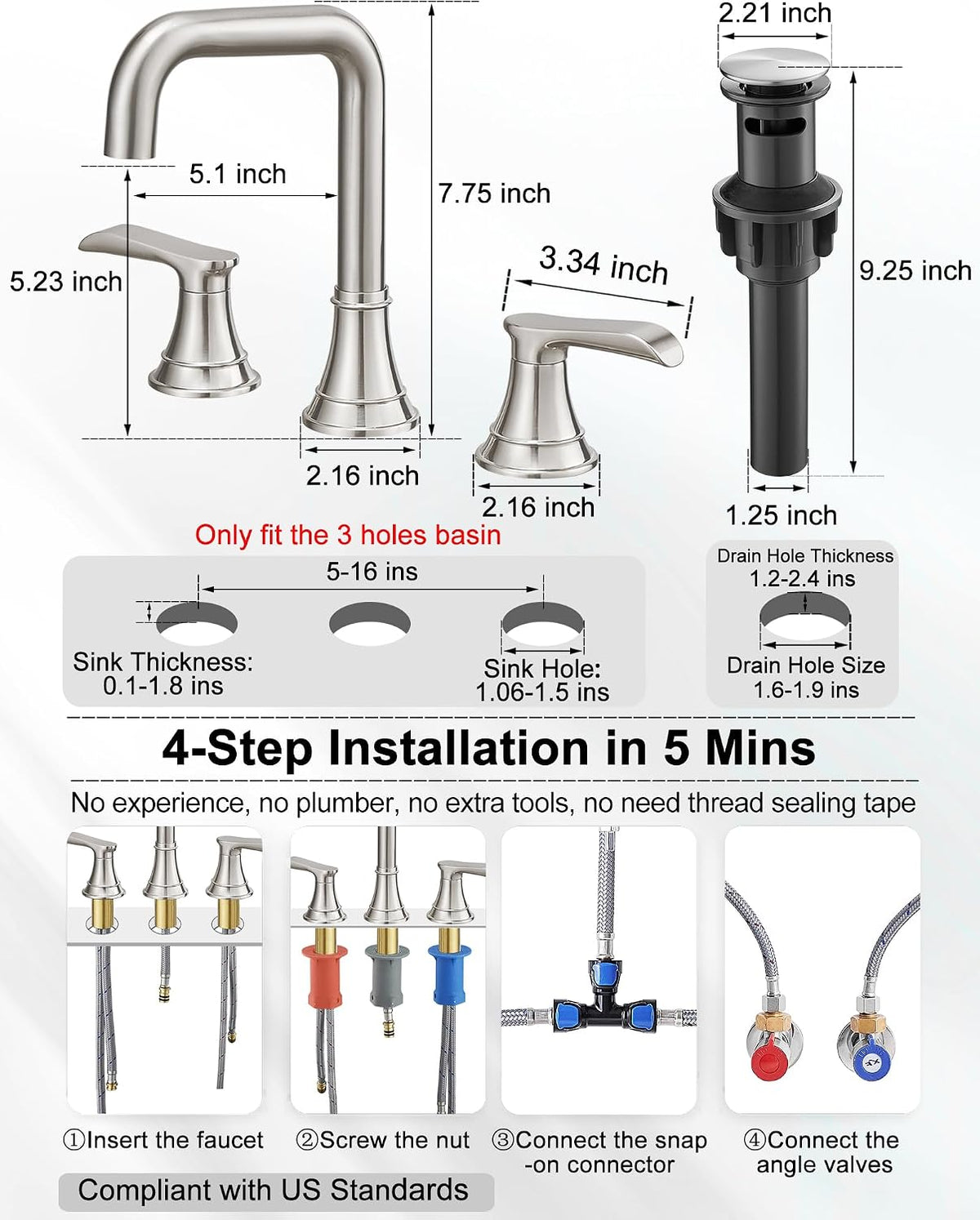 Smartis Modern 3 Hole Waterfall Bathroom Sink Faucet with Dual Handles - Dimensions