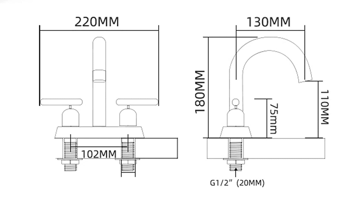 Tempra Modern Three-Hole Two-Handle Bathroom Sink Faucet - Dimensions