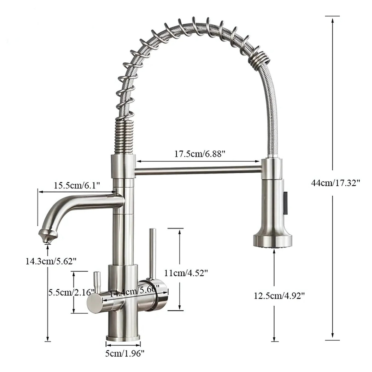 Nilo Three-Way Kitchen Faucet with Filter Tap Reverse Osmosis Compatible and Pull-Down Spout - Dimensions