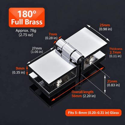 No-Drill Solid Brass Glass Cabinet Door Hinges, 0° / 90° / 180°