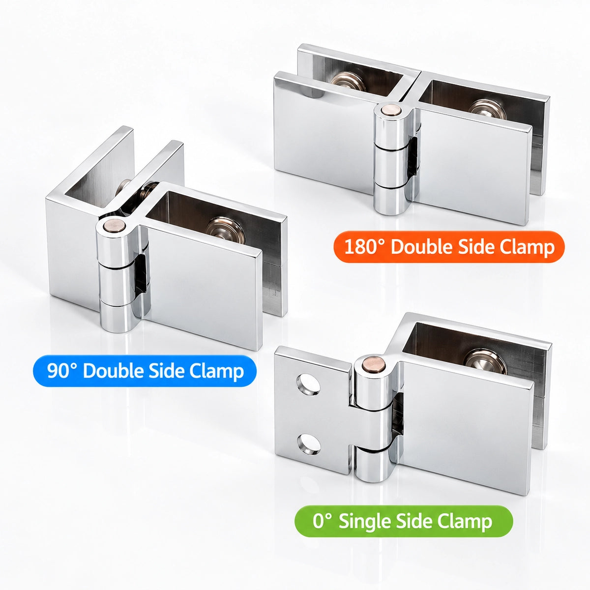 No-Drill Solid Brass Glass Cabinet Door Hinges, 0° / 90° / 180°