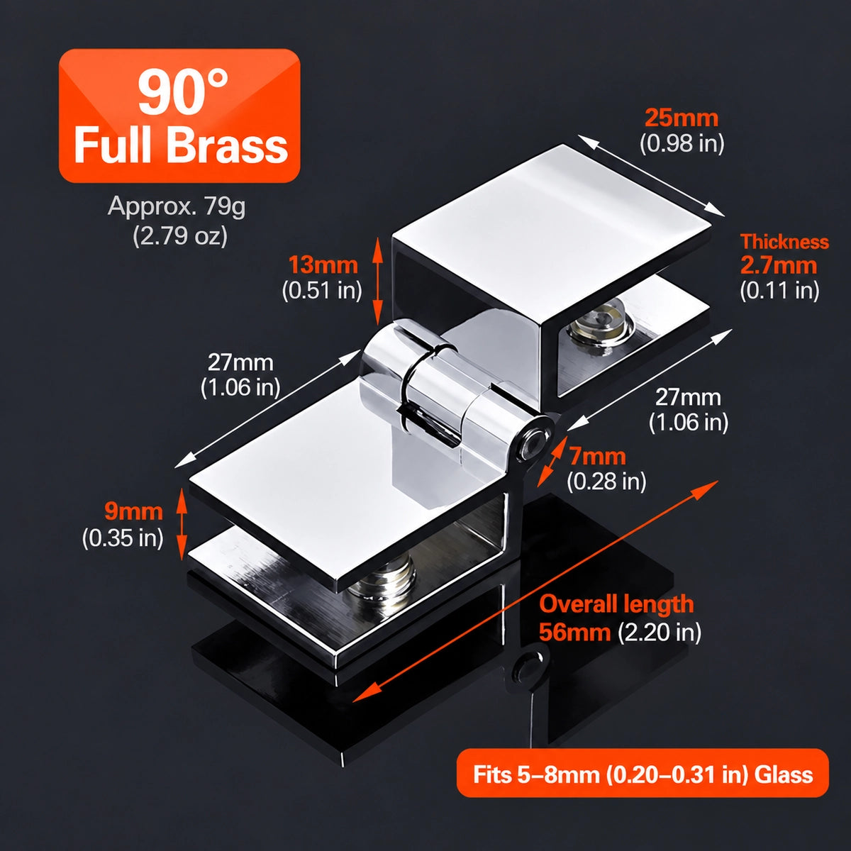 No-Drill Solid Brass Glass Cabinet Door Hinges, 0° / 90° / 180°