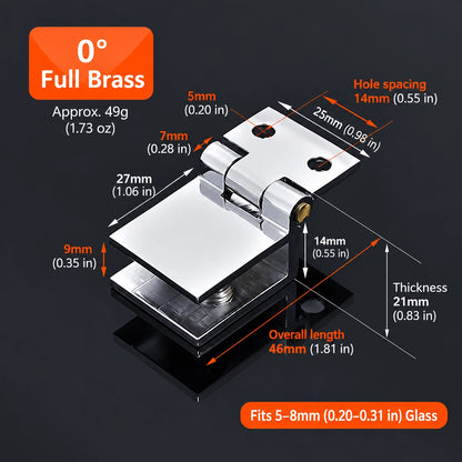 No-Drill Solid Brass Glass Cabinet Door Hinges, 0° / 90° / 180°