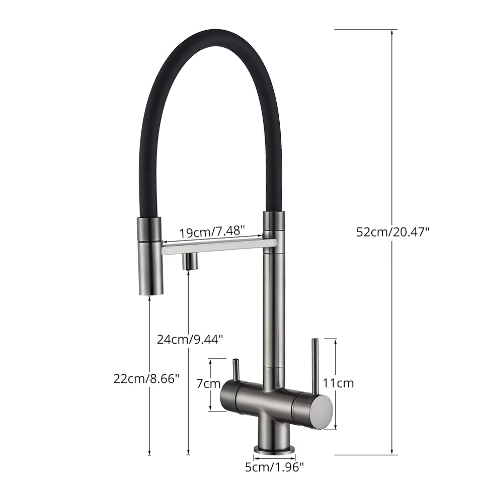 Nola Three-Way Kitchen Faucet with Filter Tap Reverse Osmosis Compatible and Pull-Down Spout - Dimensions