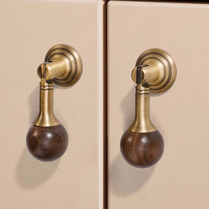 Walnut Ball Cabinet Knobs with Solid Brass Mounts