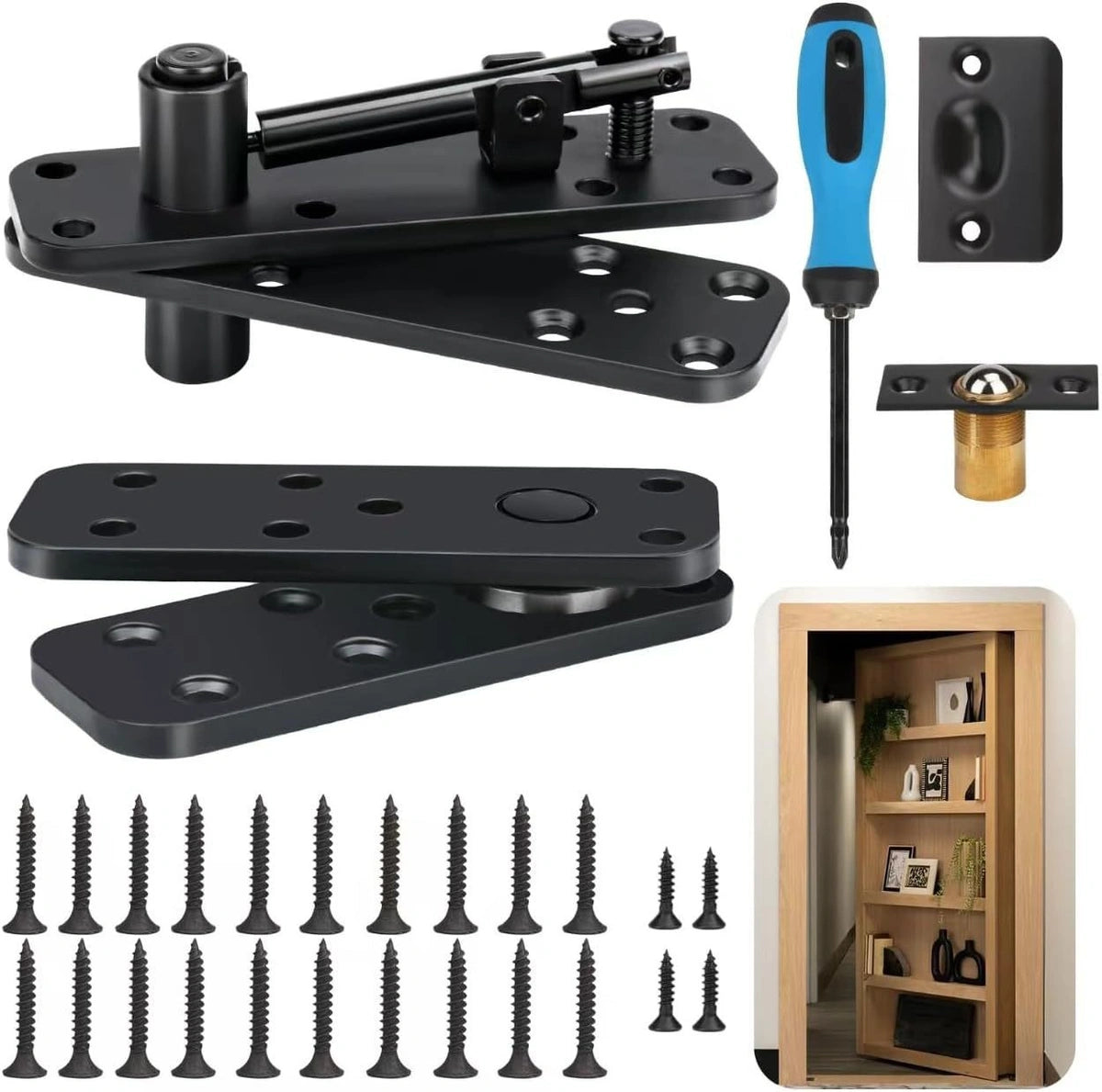 Black adjustable concealed top and bottom pivot hinge set with ball catch for interior wood doors