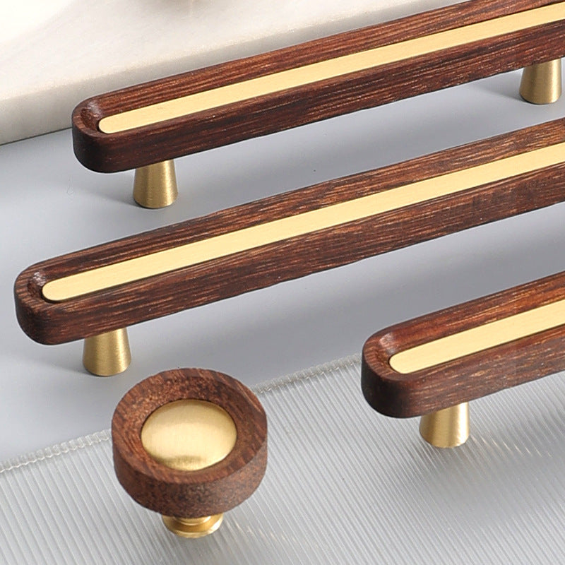 Walnut Wood Cabinet Pulls and Knob with Gold Inlay