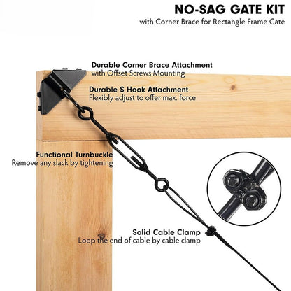 No-Sag Gate Kit with 9-Foot Adjustable Steel Cable for Wood Fence Gates
