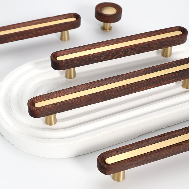 Walnut Wood Cabinet Pulls and Knob with Gold Inlay