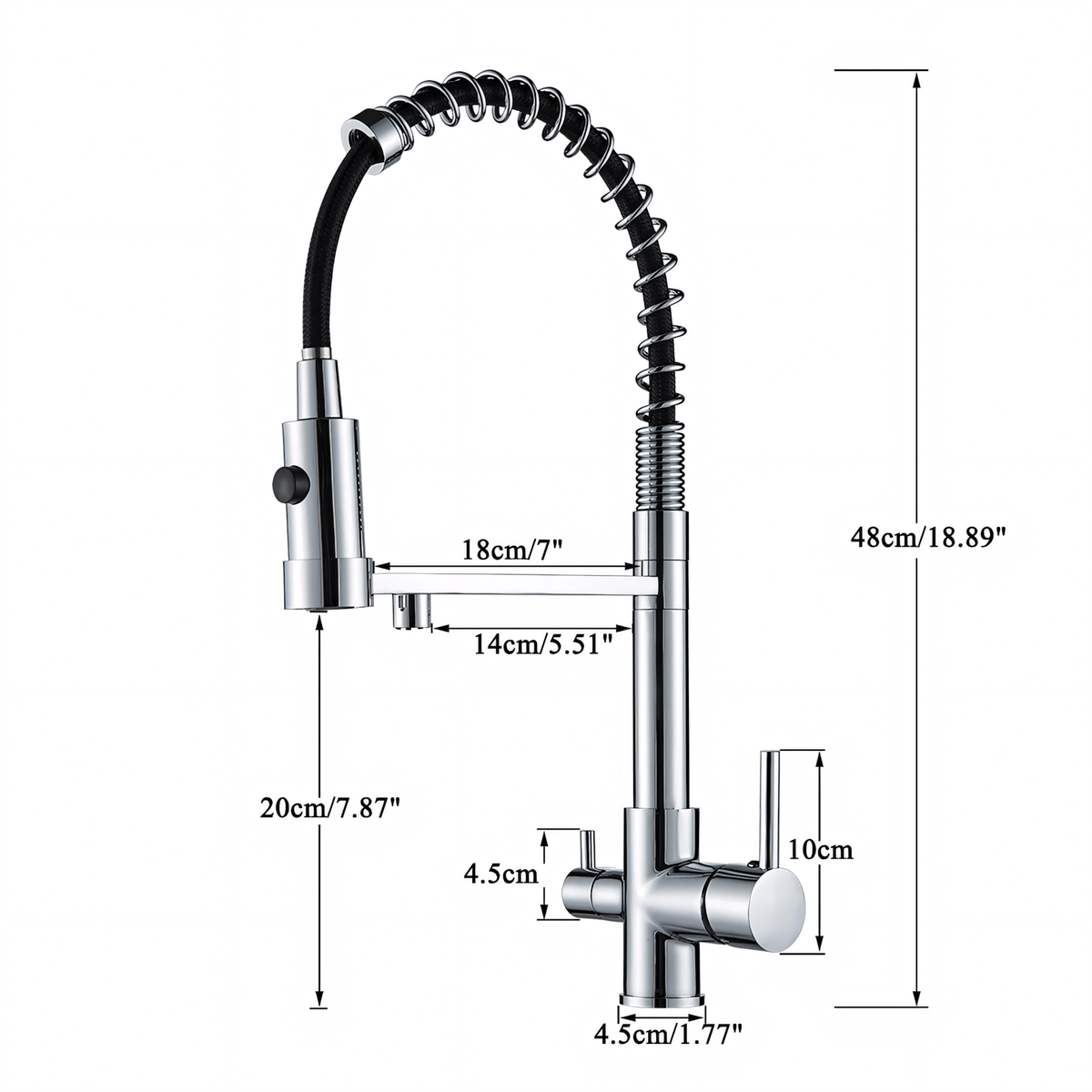 Orin Three-Way Kitchen Faucet with Filter Tap Reverse Osmosis Compatible and Pull-Down Spout - Dimensions