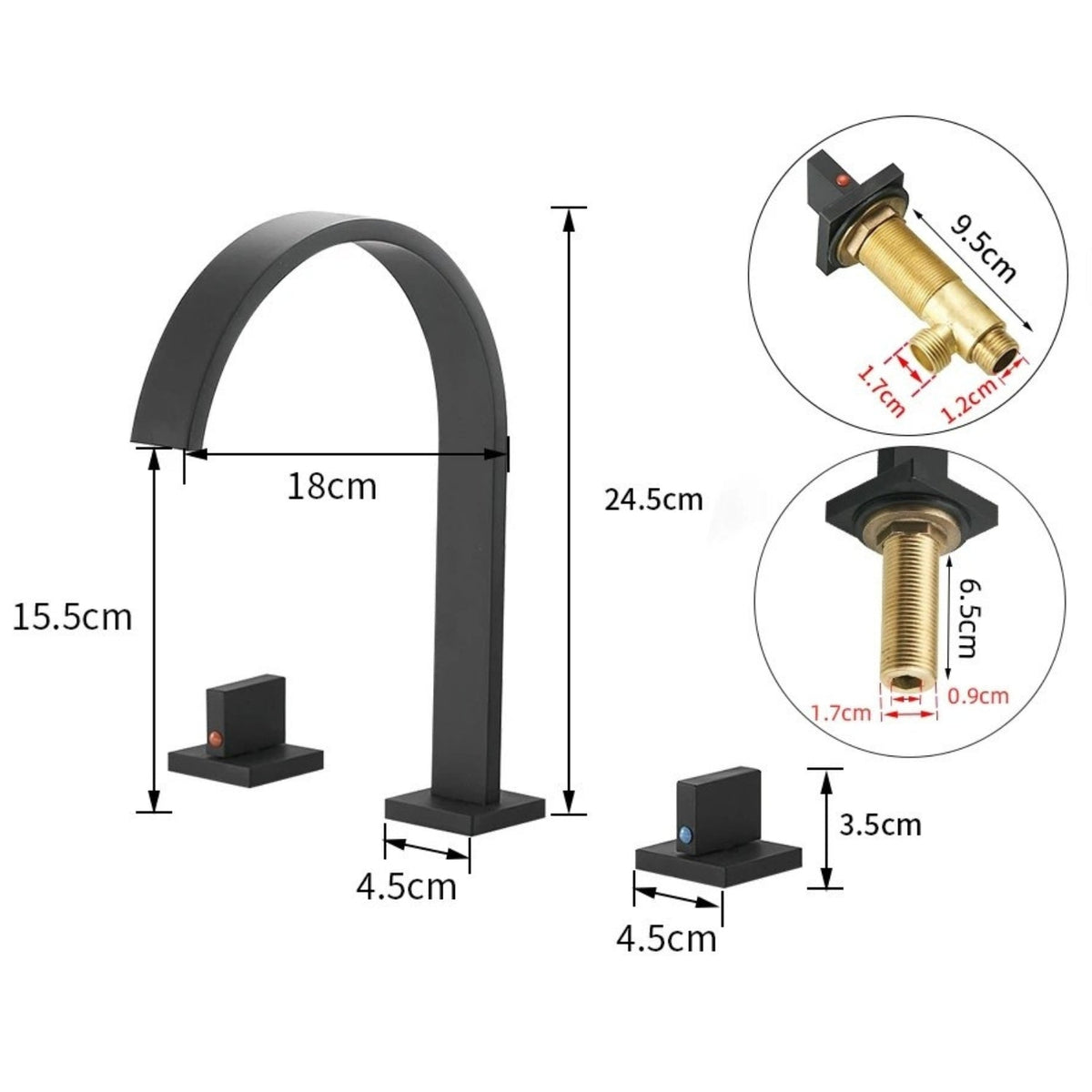 Quadra 3-Hole Square Bathroom Faucet with Dual Handles - Dimensions