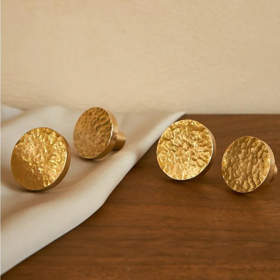 Round Brass Cabinet Knob with Hammered Texture