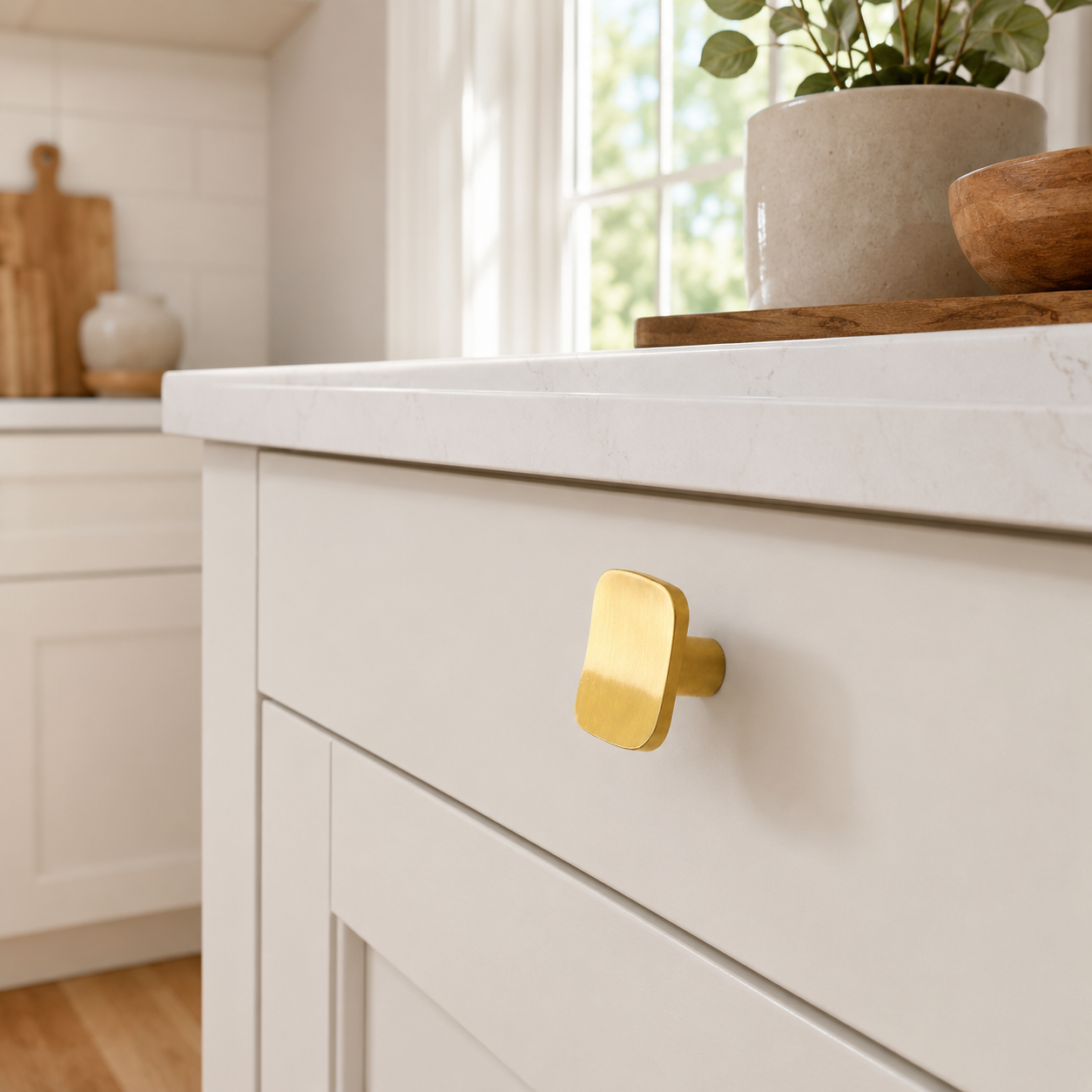 Rounded Rectangular Cabinet Knob in Brushed Brass